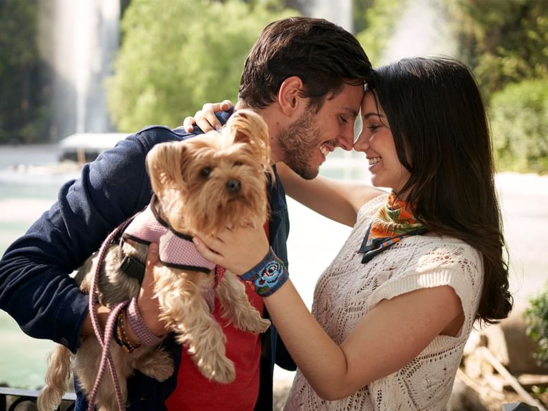 A couple holding a small dog in a harness at Fiesta Americana