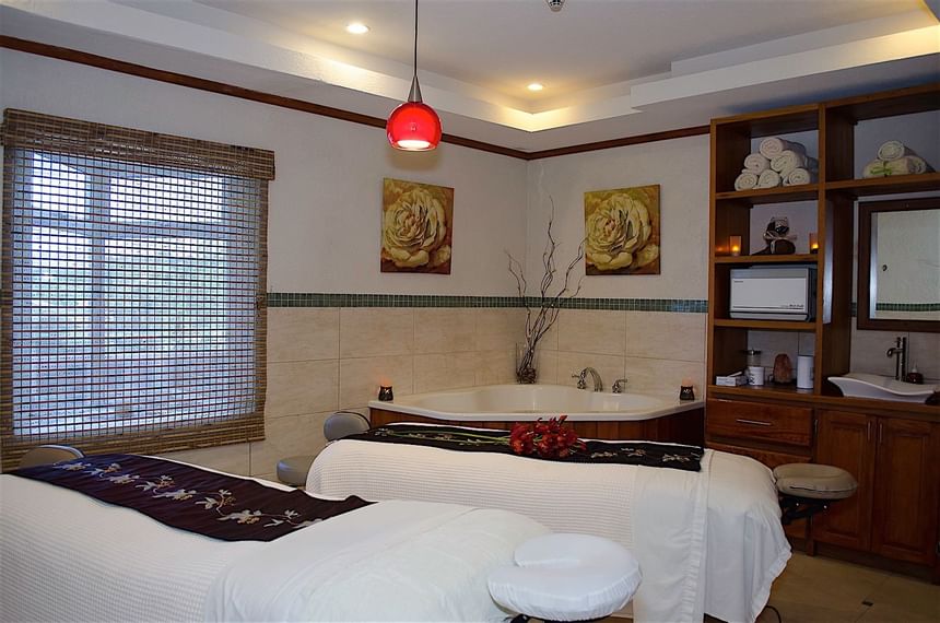 Massage beds in the Chakra Spa at Accra Beach Hotel, featuring a Caribbean beach hotel with spa & swim-up style bar