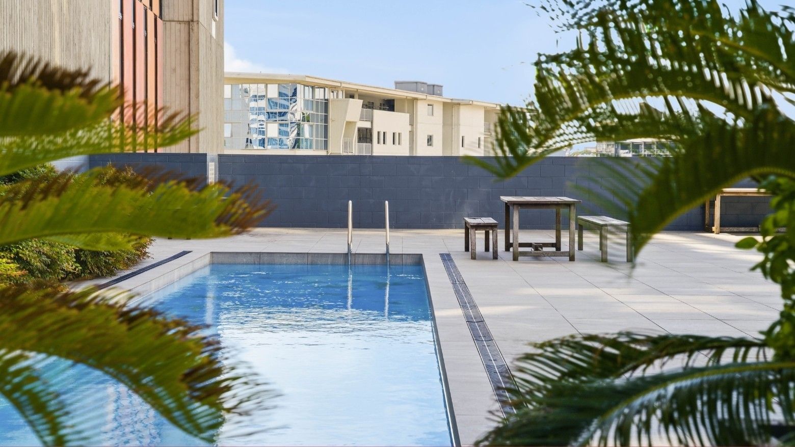 Outdoor pool with surrounding greenery and wooden furniture at Student Living Auckland Anzac.