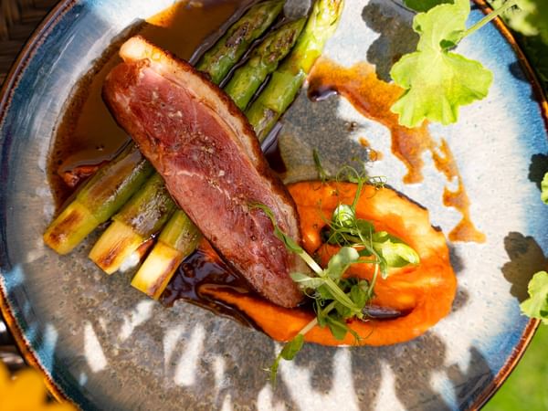 Duck breast, grilled asparagus and sweet potato mousseline