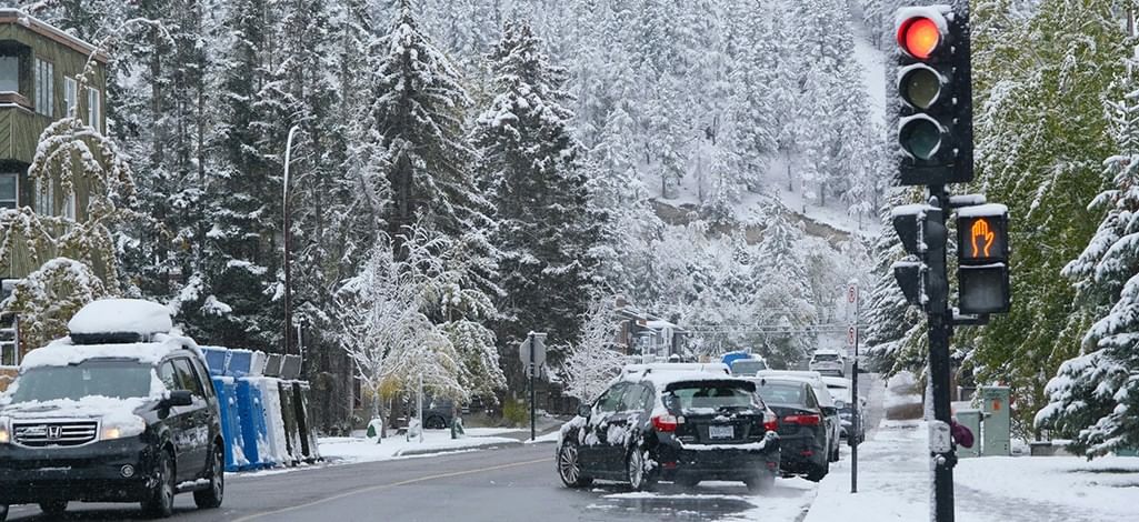 Downtown Banff on a snowy winter day.