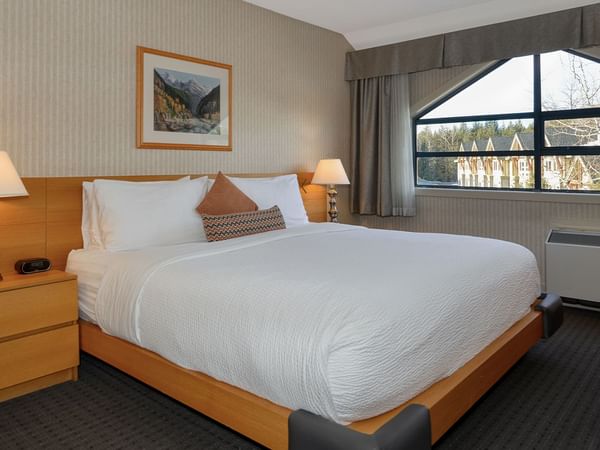 Spacious hotel suite with a king bed, elegant decor and large window for natural light.