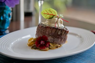 Close-up of a steak dish served at Trianon Bonita Bay