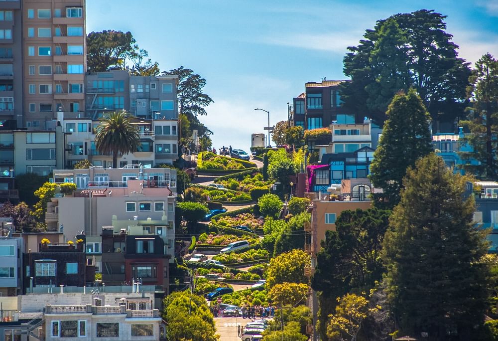 Lombard street by colorful flower beds surrounding Victorian homes near Warwick San Francisco