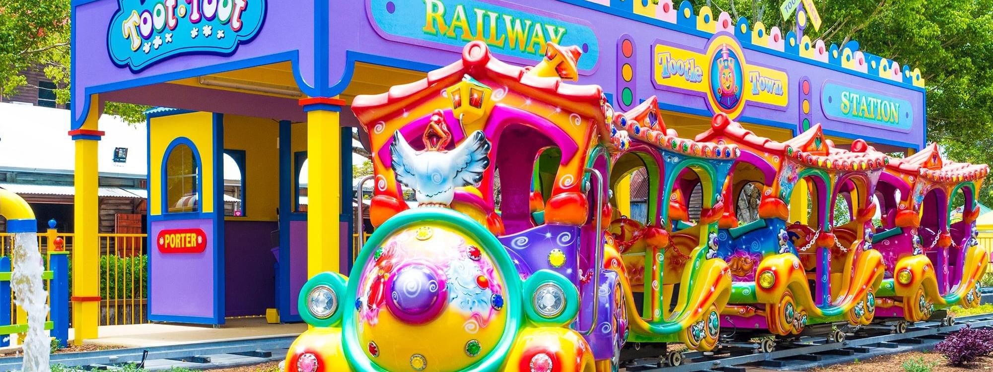 The colorful train stationed in Little Beaut Toot Toot near Novotel Sunshine Coast Resort