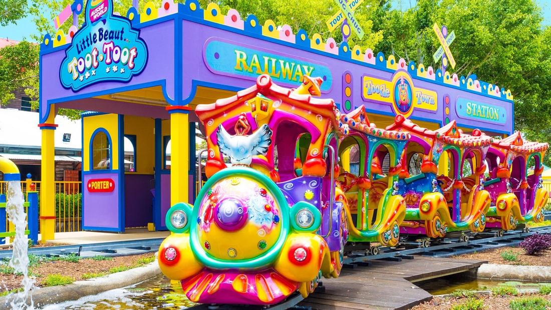 The colorful train stationed in Little Beaut Toot Toot near Novotel Sunshine Coast Resort