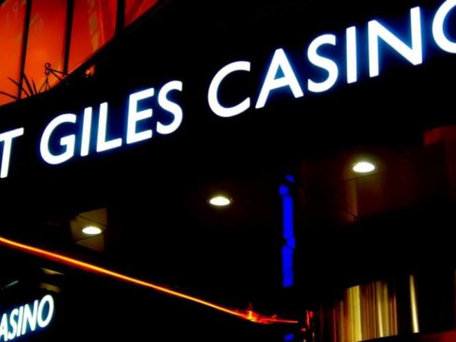 Close up on the name board of Grosvenor St Giles Casino