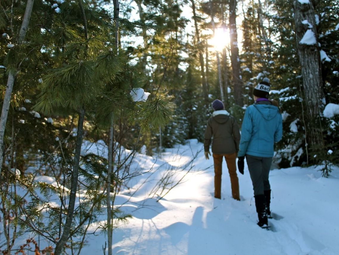 Two people walking on the snow in the woods near Lutsen Resort