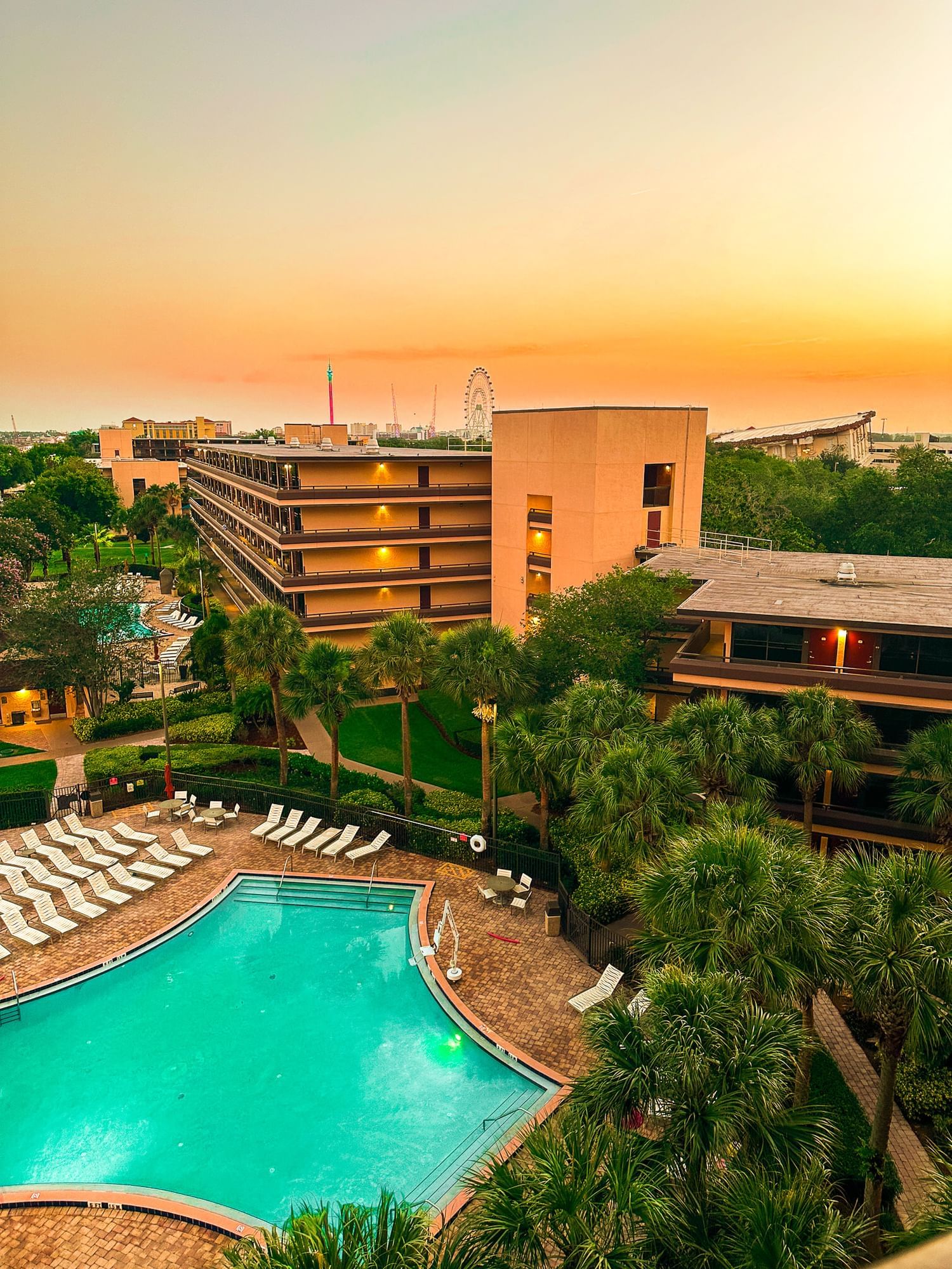 The side of a 9-story hotel glowing at sunrise with a pool and palm trees beside it. 