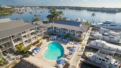 Aerial view of outdoor pool.