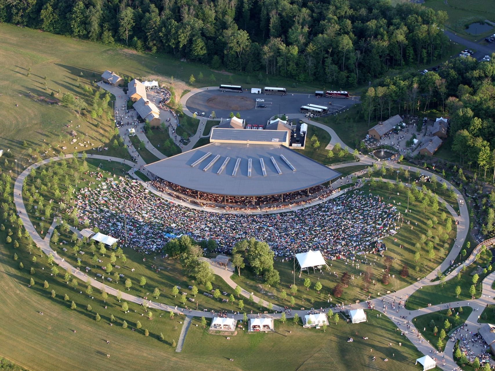 Aerial shot of event venue with crowds of people