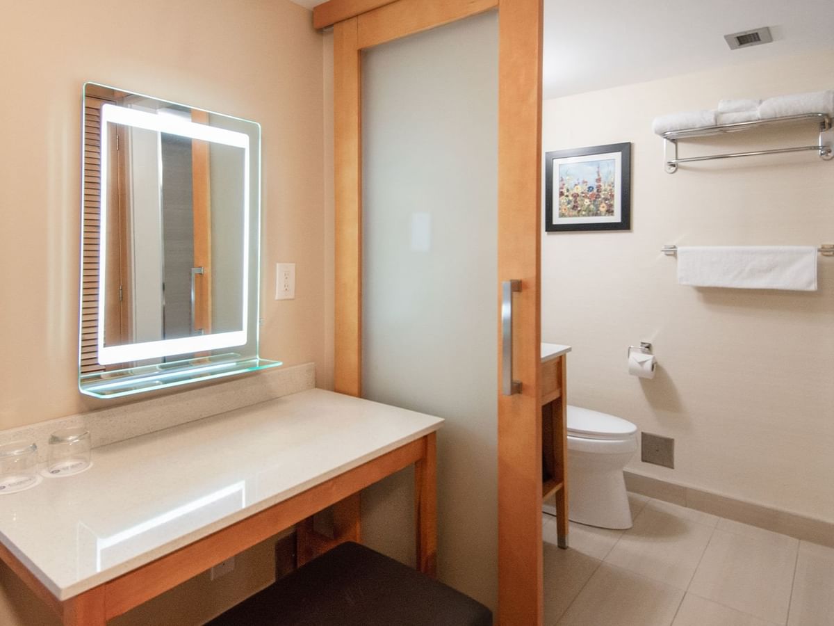 Hotel bathroom with mirror, toilet and towels