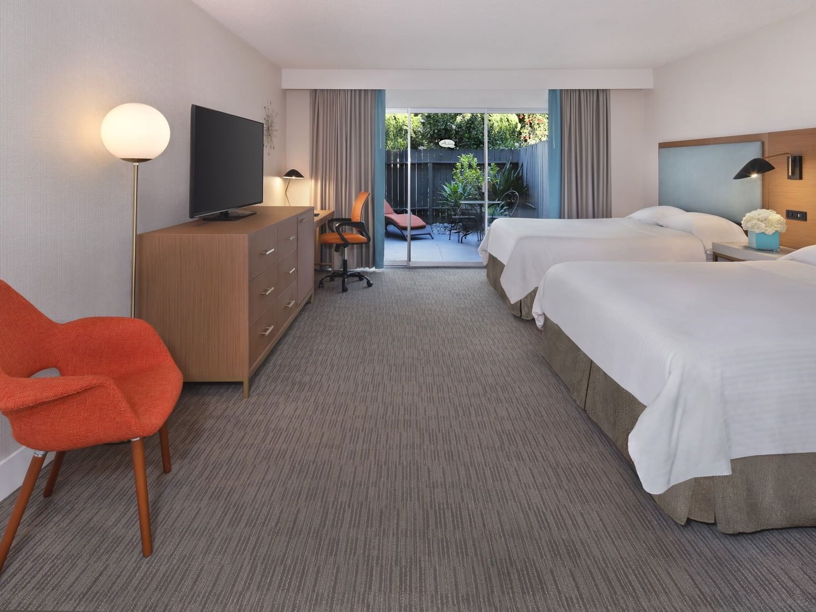 Twin beds, TV & furniture at Two Queen Room, The Anaheim Hotel