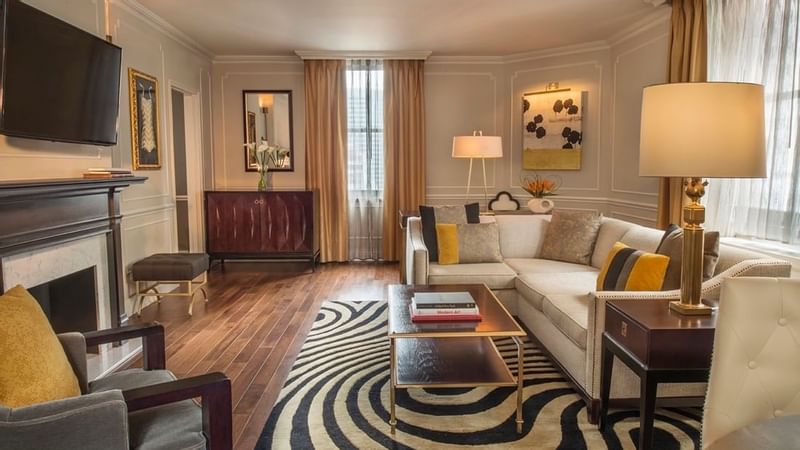 TV lobby with couch in Jane Suite at Warwick New York