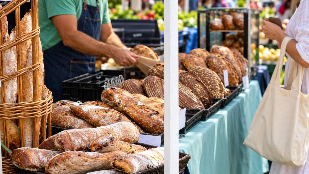 A stall at a Canmore farmers market selling fresh bread.