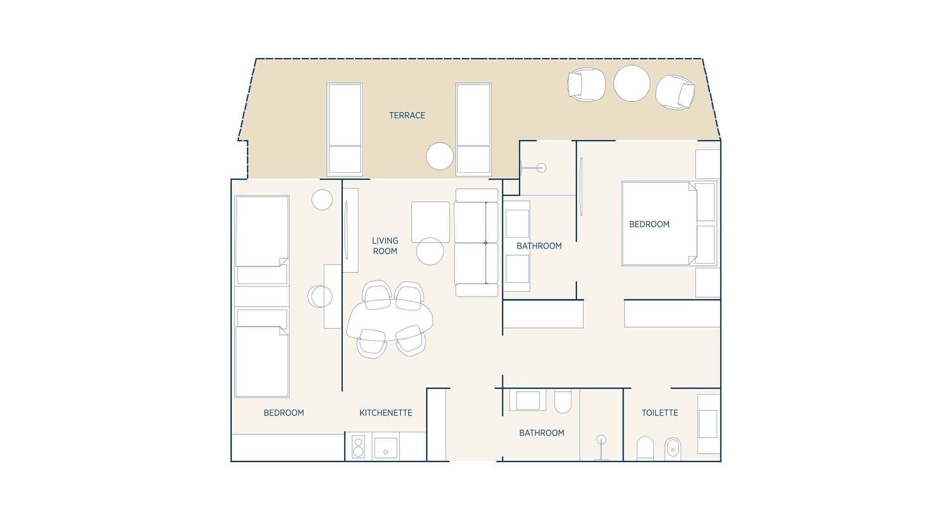 Floor plan of a house with two bedrooms, two bathrooms, a living room, and a kitchenette.