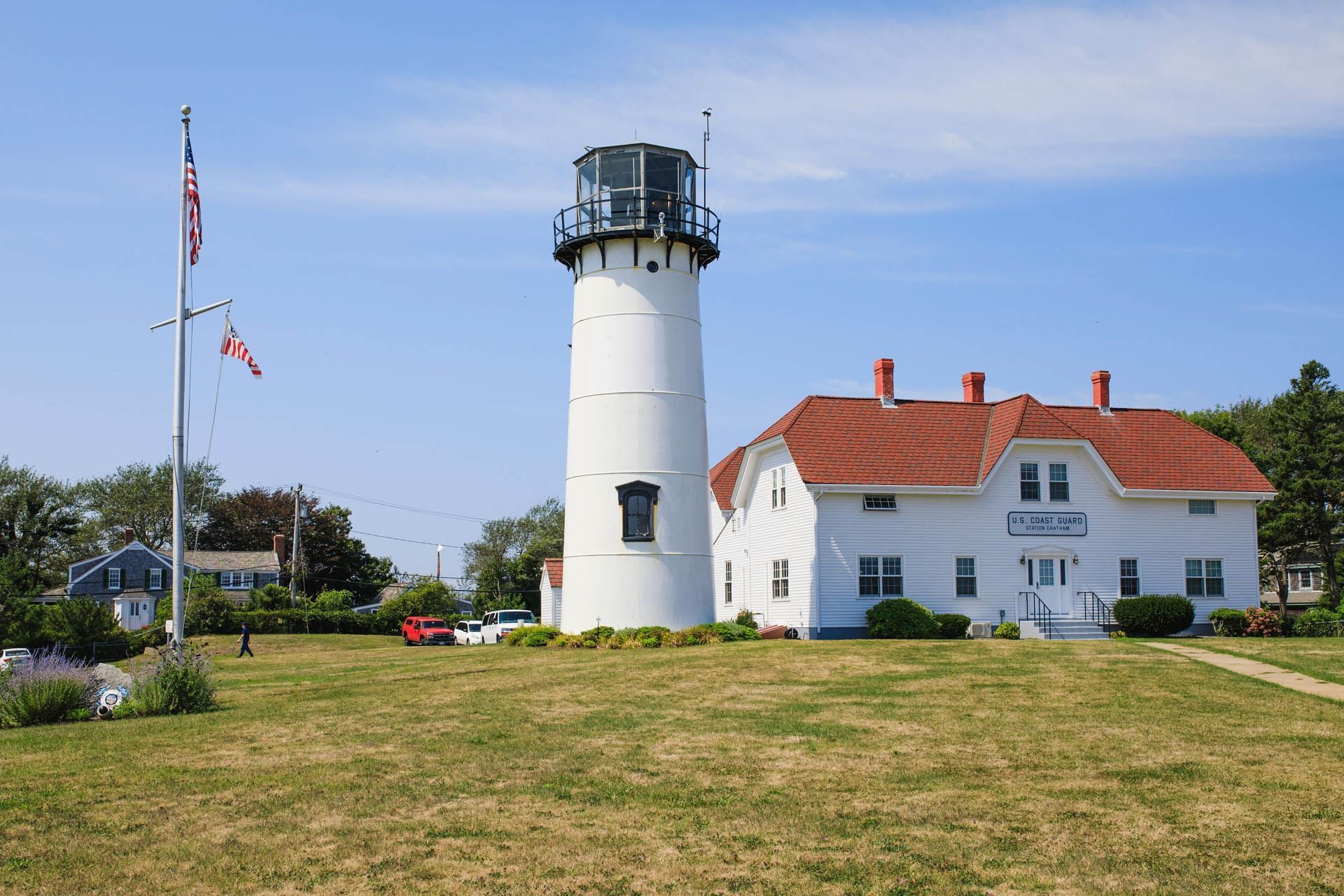 Aerial view of Chatham Lighthouse by the large ground area near Chatham Tides Resort