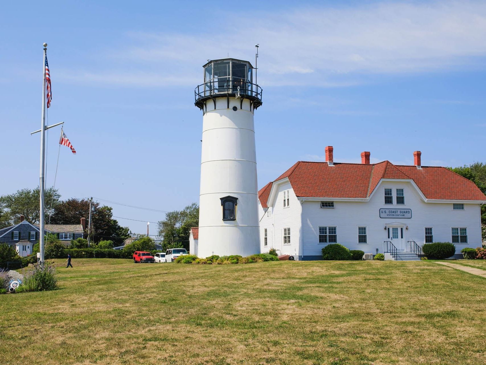 Aerial view of Chatham Lighthouse by the large ground area near Chatham Tides Resort