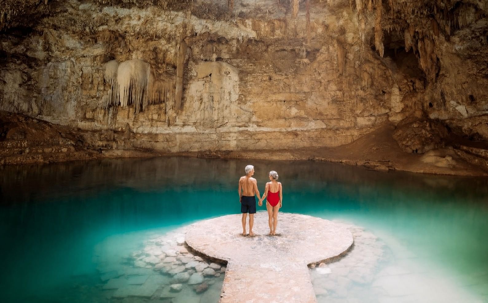 Couple sharing a moment beside clear water in a Yucatan cenote