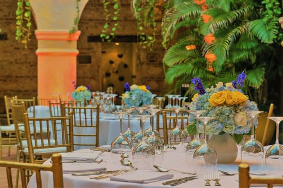 Close up on a table setup in a ballroom at Hotel Charleston