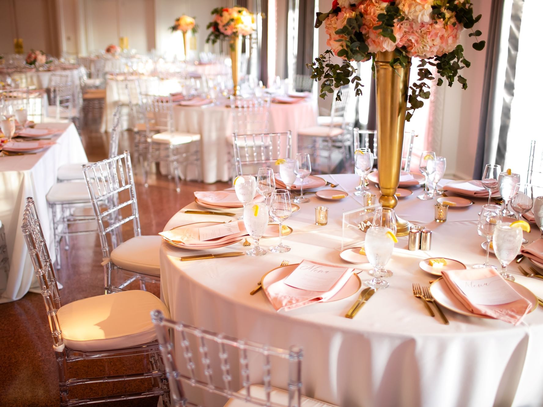 Close-up angle of arranged banquet table at The Mayo Hotel