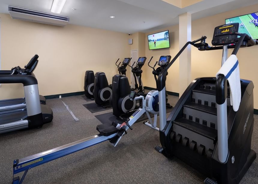 Stationary bikes, treadmills, TVs & cardio training machines in the Ogunquit Fitness Center at Meadowmere Resort
