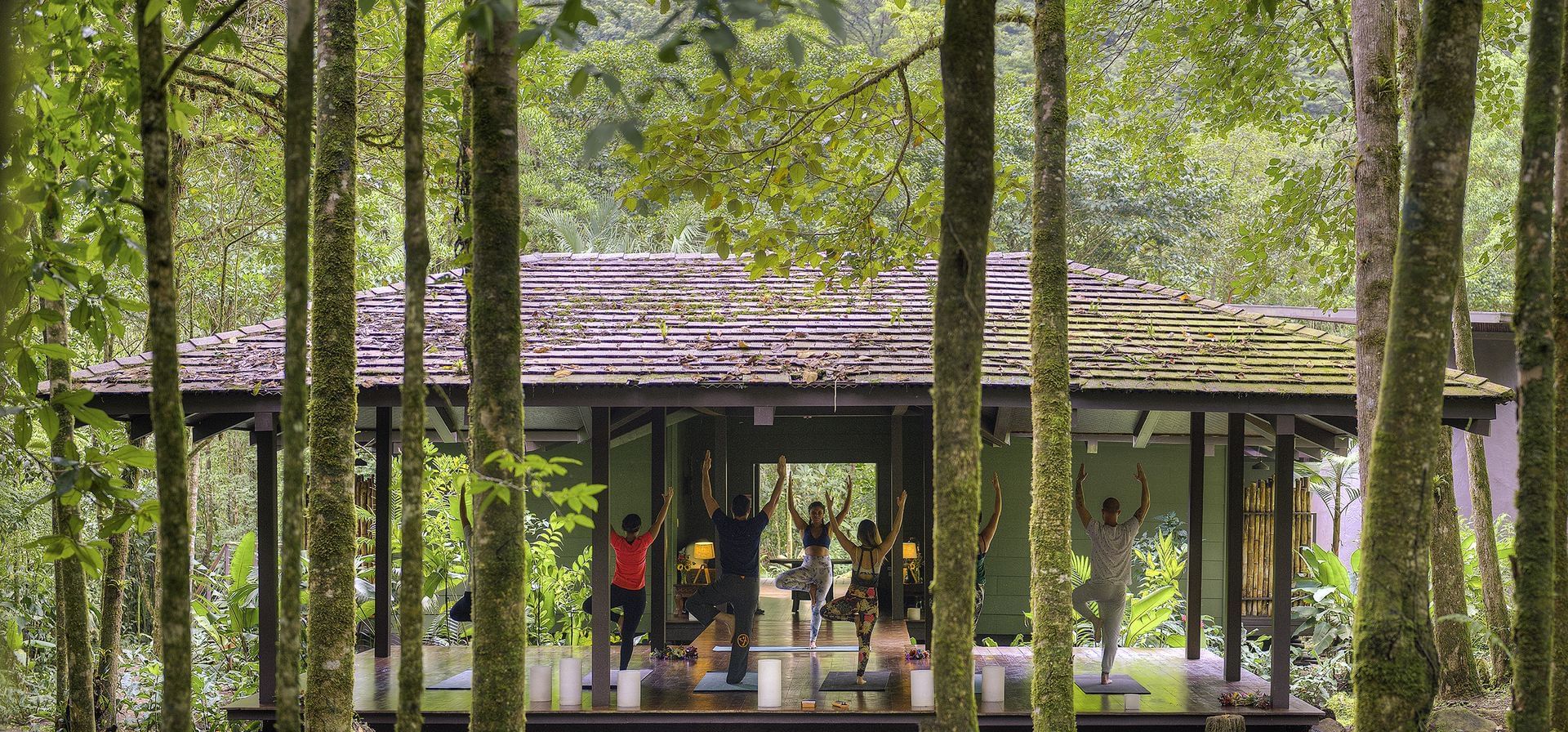 group of people practicing yoga in outdoor studio
