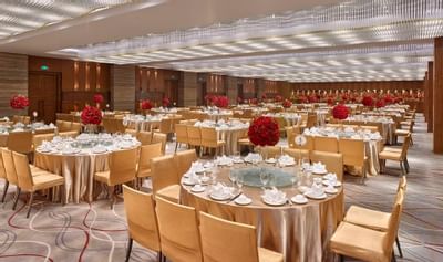 A banquet table setup in Hongtu Hall at White Swan hotel