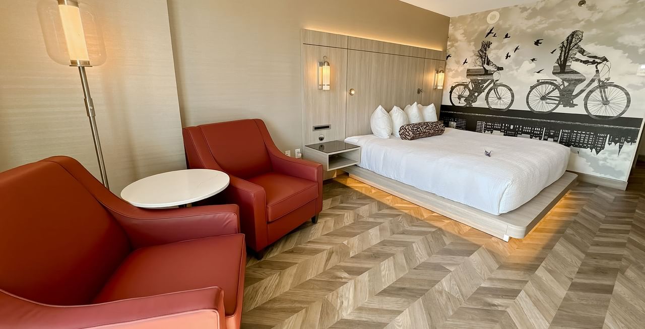 Hotel guestroom with king bed