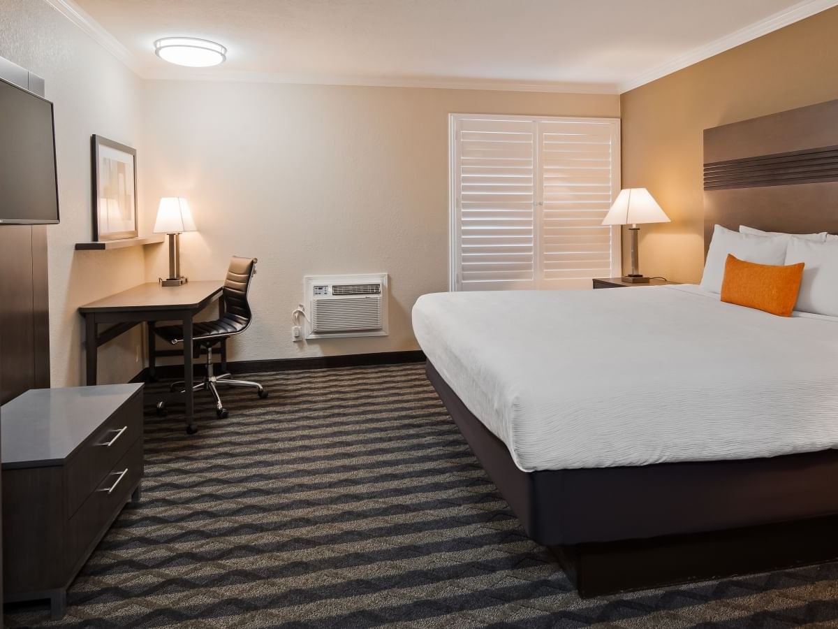 a bed and desk in a hotel room