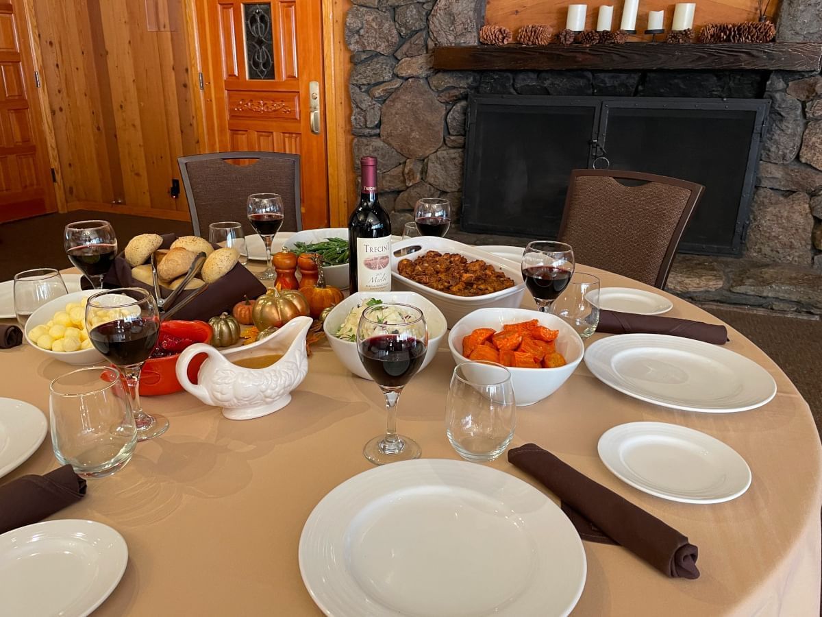 Family-style Thanksgiving dinner served fireside in Granhall