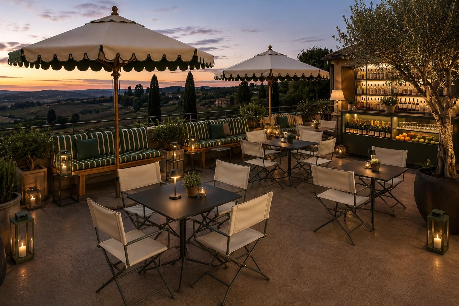 Rooftop terrace at dusk overlooking the Tuscan countryside