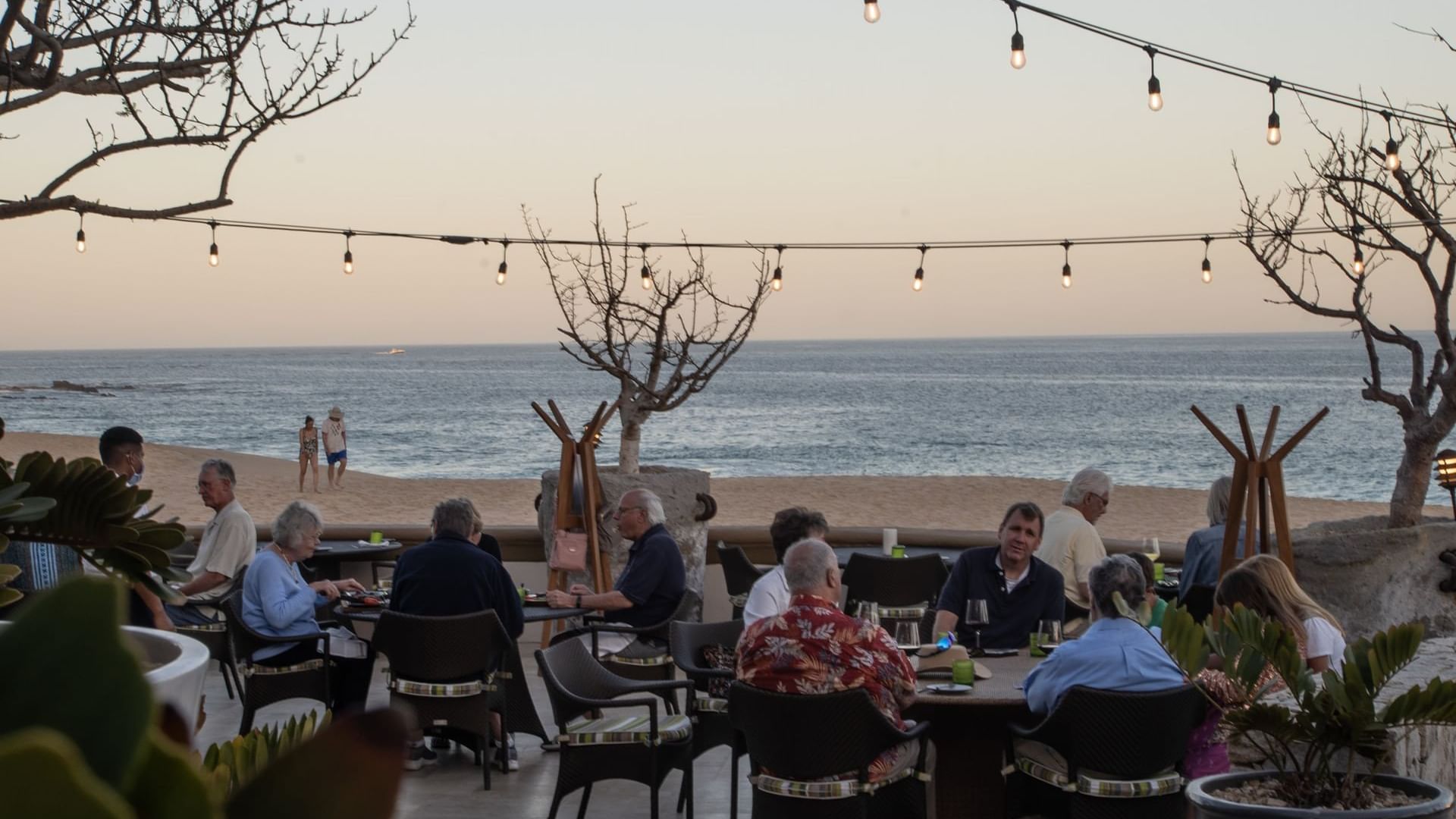 Comensales cenando en un patio bajo luces de cadena con vista al mar en De Cortez Grill House en Hacienda Del Mar Los Cabos.