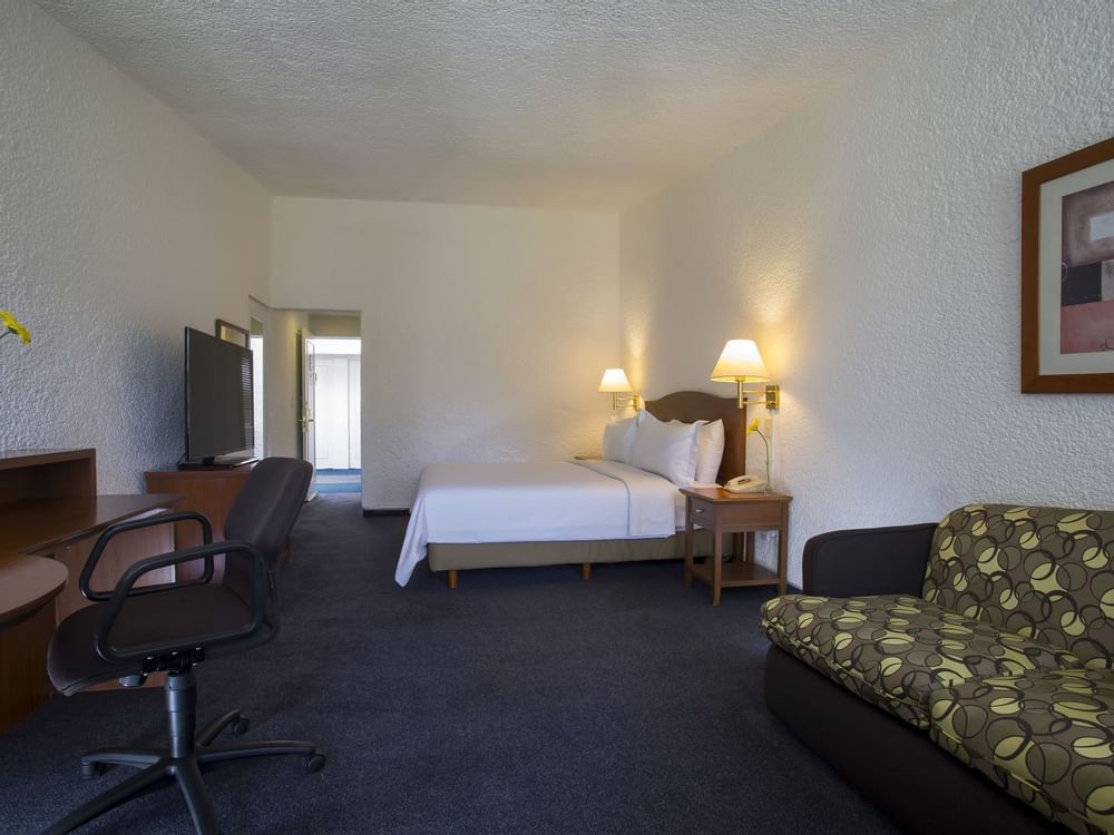 Interior of Accessible Room with carpeted floors at Gamma Hotels