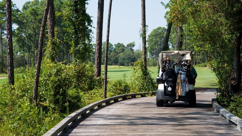 Golf cart riding over a wooden bridge at Watersound Inn