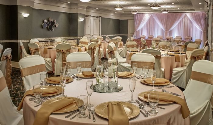 Banquet-style dining set-up in Thomas Bennett at Varscona Hotel on Whyte