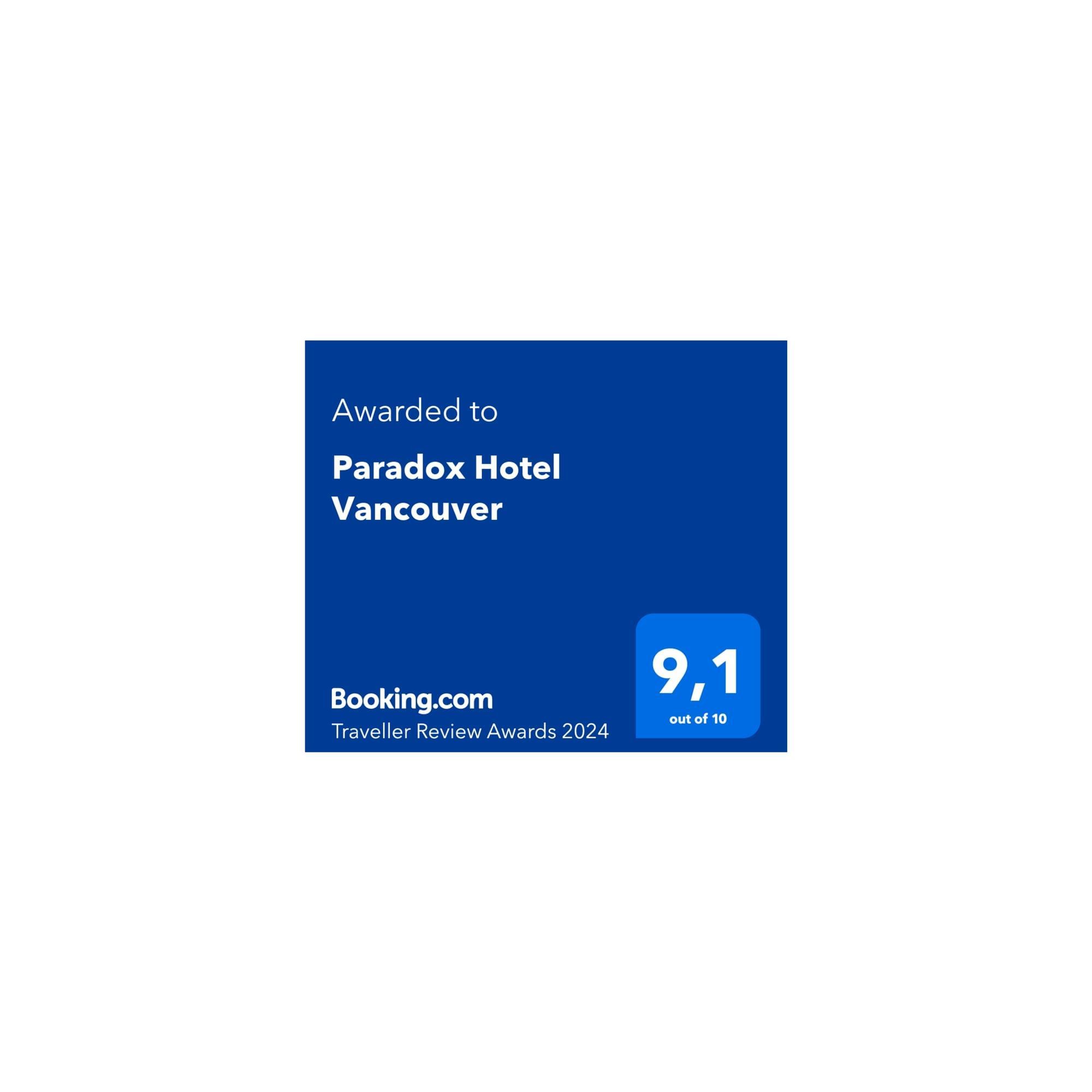 Paradox Hotel Vancouver awarded 9.1 out of 10 at Booking.com Traveller Review Awards 2024