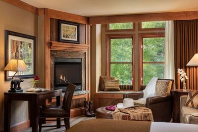 Fireplace in our Premium King fireplace room with a sofa sleeper