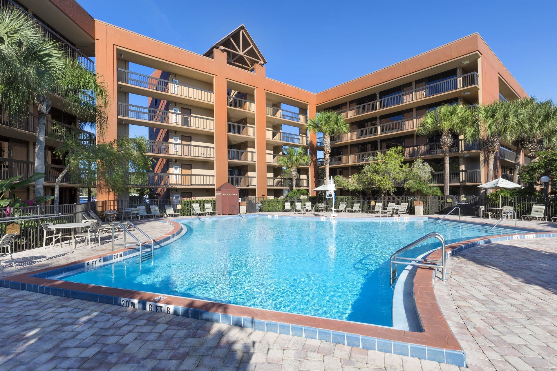 A large swimming pool with lounge chairs and palm trees in front of a multi-story building.