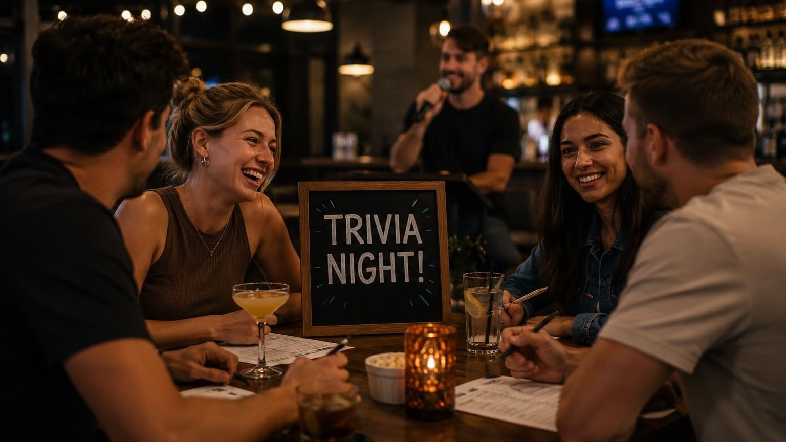 Group of friends enjoying trivia night at a dimly lit bar with cocktails and a chalkboard sign on the table
