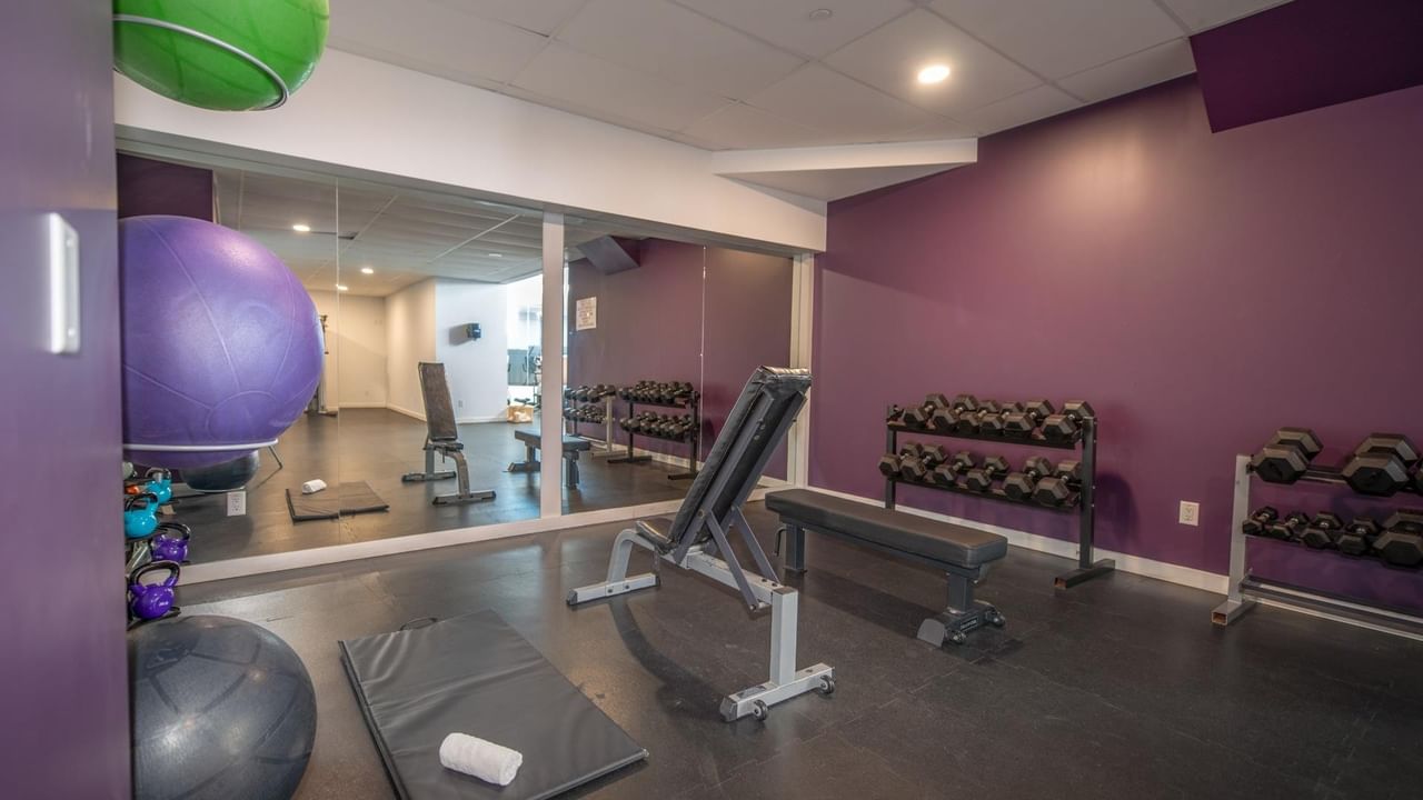 Hotel gym room with weight rack, exercise balls, and mirrors.