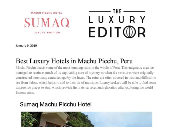 Reseña al premio como mejor hotel de lujo en Machu Picchu