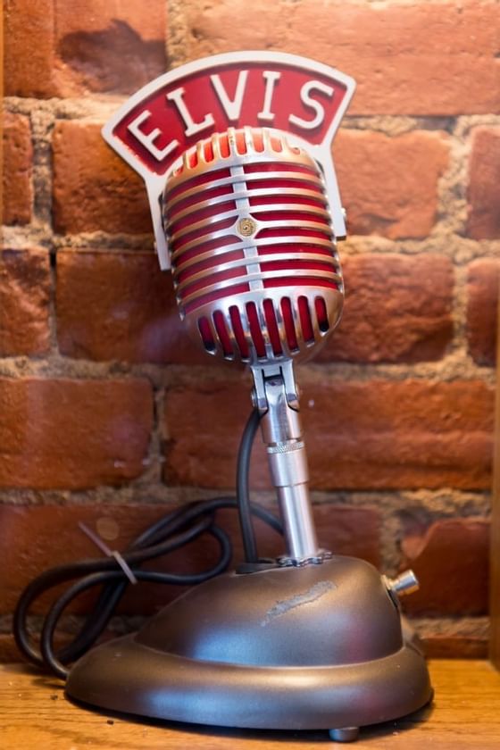 Close-up on an Elvis microphone placed at Retro Suites Hotel
