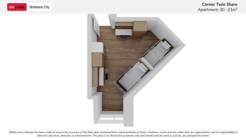 Floor plan of a Corner Twin Share Apartment at UniLodge Brisbane City.