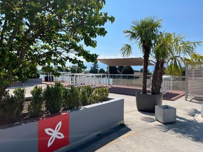 Sunny terrace with trees, palms, and Starling Hotel Lausanne logo