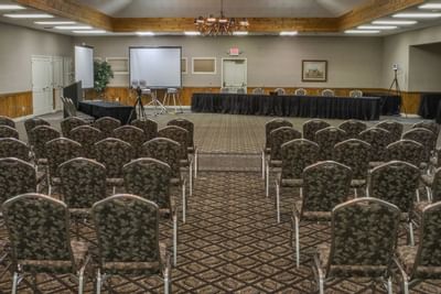Event space decorated for a conference