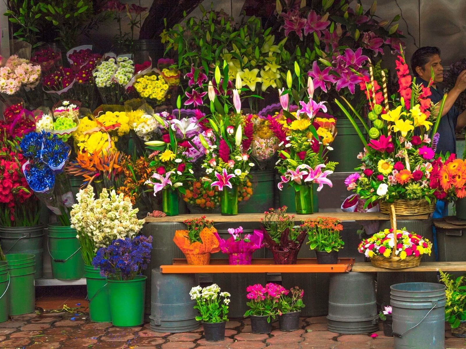 Tienda de flores en el mercado de Jamaica, cerca de Grand Fiesta Americana