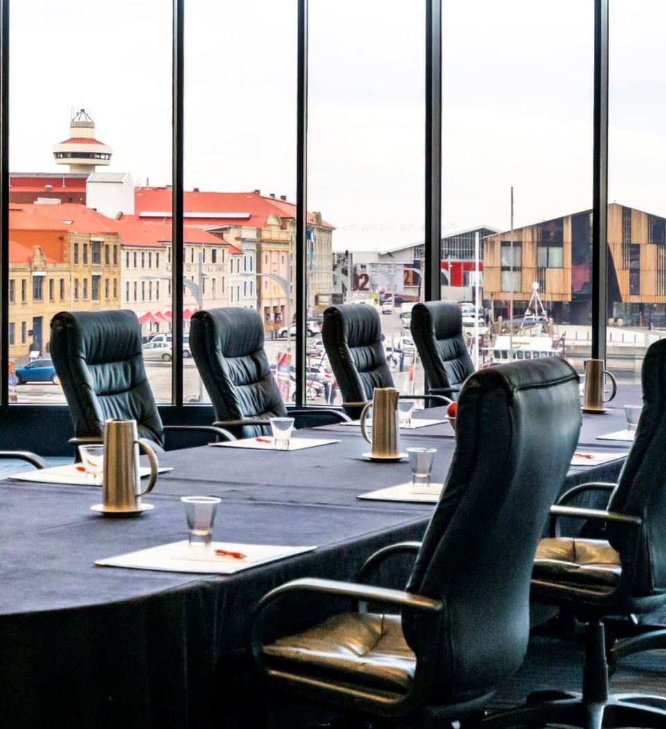 Arranged meeting room overlooking the harbour view at Hotel Grand Chancellor Hobart