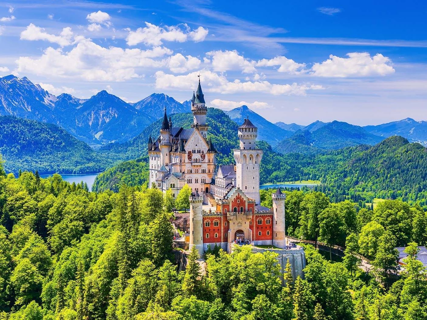 Aerial view of Neuschwanstein castle near Liebes Rot Flueh