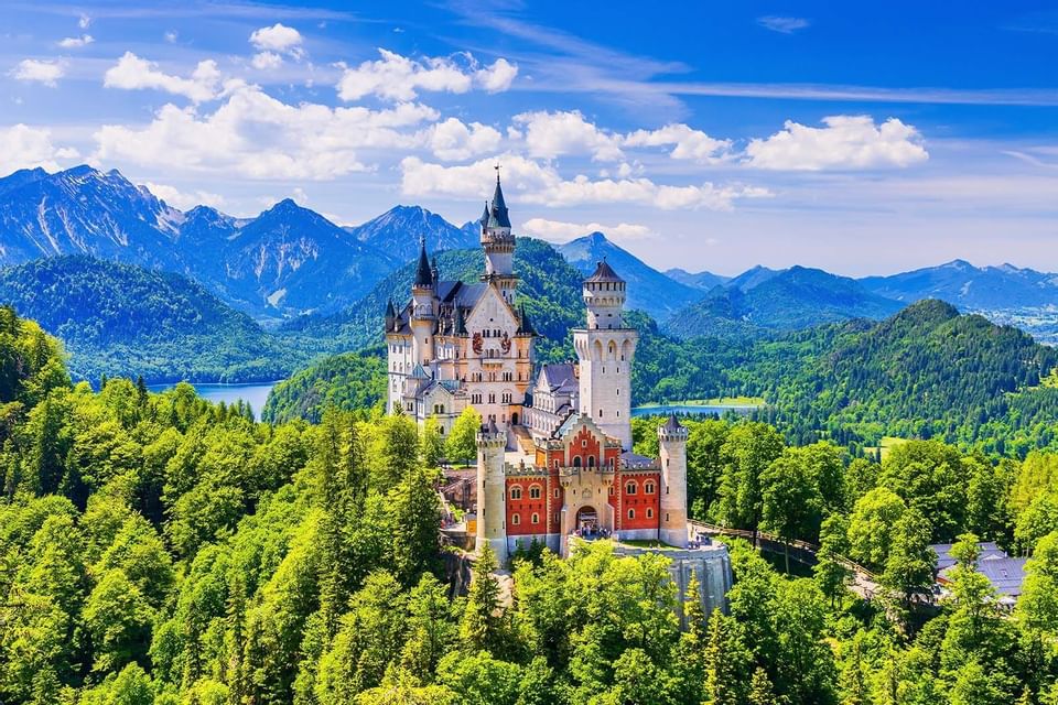 Aerial view of Neuschwanstein Castle near Liebes Rot Flueh